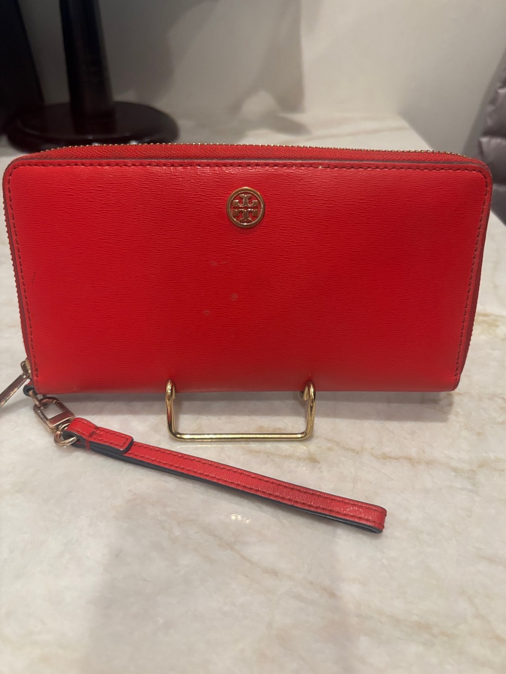 Tory Burch Red Leather Wristlet with Gold Logo